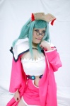 aqua_eyes aqua_hair cleavage cosplay crown dress glasses koihime_musou looking_over_glasses meme rikuson_hakugen robe rating:Safe score:0 user:pixymisa