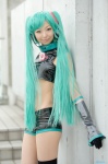 aqua_hair cosplay croptop detached_sleeves gloves hatsune_miku headset necoco project_diva shorts thighhighs twintails vocaloid rating:Safe score:2 user:nil!