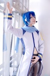 blue_hair coat cosplay crossplay default_costume kaito kanayo microphone midriff scarf trousers vocaloid rating:Safe score:1 user:nil!