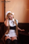 apron black_legwear blonde_hair blouse chii_(chobits) chobits cosplay hairband jumper maid maid_uniform momoiro_merankori saku thighhighs zettai_ryouiki rating:Safe score:3 user:nil!