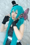 aqua_hair cosplay dress fingerless_gloves gloves hatsune_miku headset shiina_haru top_hat twintails vocaloid rating:Safe score:0 user:nil!