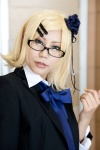 blazer blonde_hair blouse cosplay glare_(vocaloid) glasses hair_clips kagamine_rin looking_over_glasses tie vocaloid yapa rating:Safe score:1 user:pixymisa