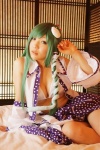 bed bikini_top blouse cleavage cosplay detached_sleeves green_hair hanamura_misaki kochiya_sanae miko open_clothes skirt swimsuit touhou touhou_kinbauchou rating:Safe score:0 user:nil!