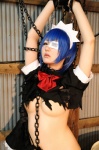 apron blue_hair chains cleavage cosplay dress eyepatch gloves hairband handcuffs ikkitousen kibashi maid maid_uniform ryomou_shimei torn_clothes underboob rating:Safe score:6 user:nil!