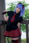 blouse blue_hair bonnet bow cosplay croptop lenfried miniskirt remilia_scarlet skirt tail_plug thighhighs touhou wings zettai_ryouiki rating:Questionable score:1 user:nil!