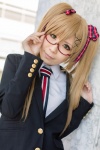 bechiko blazer blonde_hair blouse cosplay glasses green_eyes hair_ribbons looking_over_glasses nyotalia striped tie twintails united_kingdom rating:Safe score:0 user:pixymisa