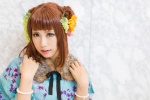 bracelet cosplay flower fruit haori hazel_eyes maiko_(ii) original red_hair twin_buns rating:Safe score:0 user:pixymisa