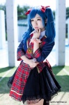 akb48 blouse blue_hair cosplay hairbows microphone miniskirt momo pleated_skirt skirt skirt_train tie twintails vest watanabe_mayu_(cosplay) rating:Safe score:0 user:pixymisa