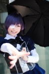akitsu_honoka blouse blue_eyes bowtie chuunibyou_demo_koi_ga_shitai! cosplay eyepatch hairbow purple_hair side_ponytail takanashi_rikka tiered_skirt umbrella rating:Safe score:1 user:pixymisa
