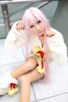 bow choker cosplay heterochromia k neko_(k) pantyhose pink_hair seri sheer_legwear sweater rating:Safe score:0 user:nil!