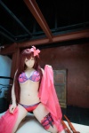 bed bikini cleavage cosplay fate/grand_order knives purple_hair saku sarong scathach_(fate/grand_order) shadow_queen side-tie_bikini spear swimsuit rating:Safe score:0 user:nil!