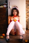 aizawa_hitomi apron bustier costume fishnet_stockings garters lingerie maid maid_uniform orange panties thighhighs rating:Safe score:5 user:nil!