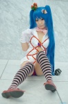 bikini_top blue_hair cosplay gloves handcuffs jumper masaki_aizou open_clothes original pantyhose striped striped_socks swimsuit thighhighs twintails rating:Safe score:1 user:nil!