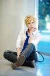 blonde_hair boots cosplay crossplay dress_shirt hatomune headset kagamine_len tie trousers vocaloid world_is_mine_(vocaloid) rating:Safe score:1 user:nil!