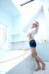 bathroom bathtub blouse cosplay denim headphones nitro_super_sonic pantyhose pink_hair rinrinko shirt_lift shorts super_soniko rating:Safe score:6 user:nil!