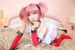 babydoll bed choker cosplay detached_sleeves hair_ribbons hanamura_misaki kaname_madoka leash pink_hair puella_magi_madoka_magica thighhighs twintails rating:Safe score:0 user:nil!