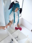 aqua_hair bathroom cosplay dress head_wings katayama_akira mirror morrigan_aensland nurse nurse_cap nurse_uniform pantyhose shadow_(milneige) vampire_(game) rating:Safe score:0 user:nil!