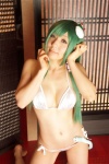 bikini cleavage cosplay green_hair hanamura_misaki kochiya_sanae miko side-tie_bikini swimsuit touhou touhou_kinbauchou rating:Safe score:0 user:nil!