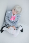 blazer blouse bowtie cosplay green_eyes haiyore!_nyaruko-san maitako nyaruko pleated_skirt skirt thighhighs white_hair zettai_ryouiki rating:Safe score:0 user:pixymisa