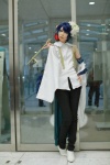 blouse blue_eyes blue_hair cosplay crossplay detached_sleeves headdress headphones houtou_singi kaito pipe trousers vocaloid rating:Safe score:1 user:pixymisa