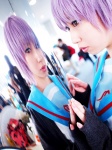 cardigan cosplay komori_shizuku mirror nagato_yuki purple_hair sailor_uniform school_uniform suzumiya_haruhi_no_yuuutsu rating:Safe score:0 user:nil!
