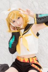 blonde_hair blouse cosplay detached_sleeves hairbow headset hiokichi kagamine_rin leggings pantyhose scarf shorts vocaloid rating:Safe score:0 user:pixymisa