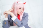 blazer blouse cosplay darling_in_the_franxx emerald hairband horns pink_hair ratings:s scarf school_uniform tie usakichi zero_two rating:Safe score:0 user:nil!