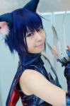 animal_ears arm_blades blue_hair cape cat_ears cosplay croptop crossplay crucifix detached_sleeves kazuha shugo_chara! tail tsukiyomi_ikuto rating:Safe score:2 user:nil!