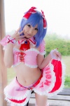 blouse blue_hair bonnet bow cosplay croptop half_skirt_open_front lenfried remilia_scarlet skirt skirt_lift tail_plug thighhighs touhou wings rating:Questionable score:0 user:nil!