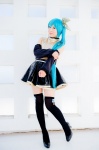 aqua_hair black_legwear cosplay croptop detached_sleeves hairbow hatsune_miku mashiro_yuki pleated_skirt ponytail project_diva skirt thighhighs vocaloid zettai_ryouiki rating:Safe score:0 user:nil!