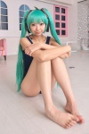 aqua_hair barefoot cosplay hatsune_miku headset necoco necosmo one-piece_swimsuit swimsuit twintails vocaloid rating:Safe score:1 user:nil!