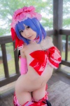 blue_hair bonnet bow corset cosplay detached_sleeves garter_straps lenfried monokini one-piece_swimsuit remilia_scarlet sling_bikini swimsuit thighhighs touhou wings rating:Questionable score:0 user:nil!