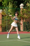 bikini_top cleavage pleated_skirt ponytail sayama_ayaka skirt socks swimsuit tennis_racket visor rating:Safe score:1 user:nil!