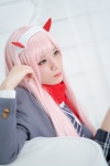blazer blouse cosplay darling_in_the_franxx emerald hairband horns pink_hair pleated_skirt ratings:s scarf school_uniform skirt tie usakichi zero_two rating:Safe score:0 user:nil!