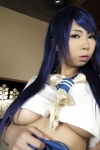 ashiya_noriko blue_hair cleavage cosplay croptop ikkitousen kanu_unchou pleated_skirt sefiuku skirt underboob rating:Safe score:1 user:nil!