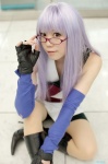 boots cosplay gintama glasses kumo looking_over_glasses pantyhose purple_hair sarutobi_ayame shorts rating:Safe score:0 user:nil!