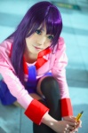 bakemonogatari blouse cosplay kumo pleated_skirt purple_hair school_uniform senjougahara_hitagi skirt thighhighs tie zettai_ryouiki rating:Safe score:0 user:nil!