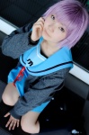 cardigan cosplay kneesocks maisaki_ririka nagato_yuki purple_hair sailor_uniform school_uniform suzumiya_haruhi_no_yuuutsu rating:Safe score:0 user:nil!