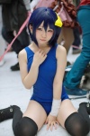 bandage blue_eyes blue_hair chuunibyou_demo_koi_ga_shitai! cosplay hairbow swimsuit takanashi_rikka thighhighs yuihara_hinase rating:Safe score:7 user:pixymisa