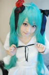 aqua_hair cosplay dress fuwari hair_ribbons hatsune_miku thighhighs twintails vocaloid world_is_mine_(vocaloid) rating:Safe score:1 user:nil!