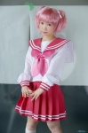 cosplay hair_ribbons kneesocks kobayakawa_yutaka kyarii lucky_star miniskirt pink_hair pleated_skirt sailor_uniform school_uniform skirt twintails rating:Safe score:0 user:nil!