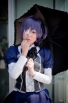 akitsu_honoka blouse blue_eyes bowtie chuunibyou_demo_koi_ga_shitai! cosplay eyepatch hairbow purple_hair side_ponytail takanashi_rikka tiered_skirt umbrella rating:Safe score:0 user:pixymisa
