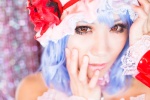 blue_hair bodysuit bow choker cosplay hat karin_(iii) red_eyes remilia_scarlet touhou rating:Safe score:0 user:pixymisa