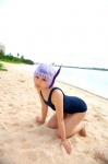 ayane_(doa) beach cosplay dead_or_alive headband ocean one-piece_swimsuit purple_hair school_swimsuit swimsuit tachibana_minami rating:Safe score:0 user:nil!