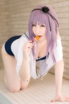 atsuki cleavage cosplay dagashi_biyori dagashi_kashi hairband hoodie one-piece_swimsuit pool purple_hair shidare_hotaru swimsuit rating:Safe score:1 user:nil!