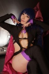 bathroom bathtub blue_hair bodysuit cape cleavage cosplay deep_rabbit garter_straps macross macross_frontier macross_frontier:_itsuwari_no_utahime saku sheryl_nome thighhighs rating:Safe score:0 user:nil!