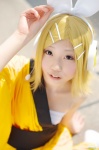 blonde_hair cosplay gekokujou_(vocaloid) hairbow headset kagamine_rin kimono miyu_(iii) open_clothes sarashi vocaloid rating:Safe score:1 user:nil!