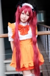 apron asae_ayato bow cosplay cthugha hairband hairbows haiyore!_nyaruko-san maid maid_uniform red_eyes red_hair thighhighs zettai_ryouiki rating:Safe score:0 user:pixymisa
