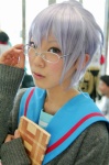 book cardigan cosplay glasses looking_over_glasses nagato_yuki sailor_uniform school_uniform silver_hair suzuko suzumiya_haruhi_no_yuuutsu rating:Safe score:0 user:nil!