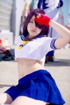 cosplay croptop fingerless_gloves gloves hiiragi_mayon ikkitousen kanu_unchou miniskirt pleated_skirt purple_eyes purple_hair sailor_uniform scarf school_uniform skirt underboob rating:Safe score:1 user:pixymisa